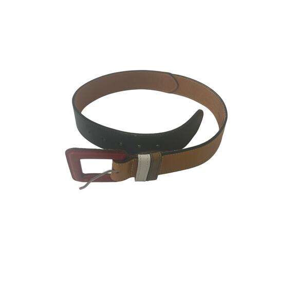 DKNY women's Navy Tan White Red Square Buckle Leather Belt Size XS Small - Picture 1 of 3